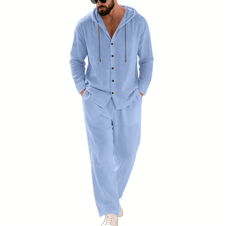 Men's two-piece lounge set with button hoodie shirt made of crepe jersey and straight drawstring pants StylebySassy