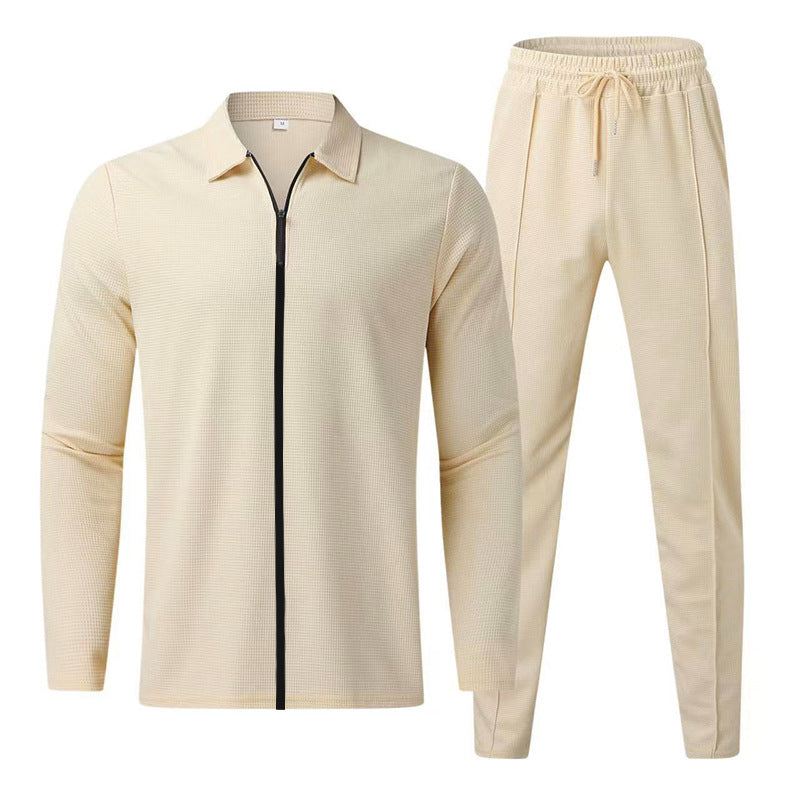 Men's structured waffle training set with shirt collar and slim-fit jogging pants StylebySassy