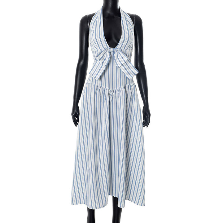 Women’s maxi dress with casual halter neck and playful bow detail