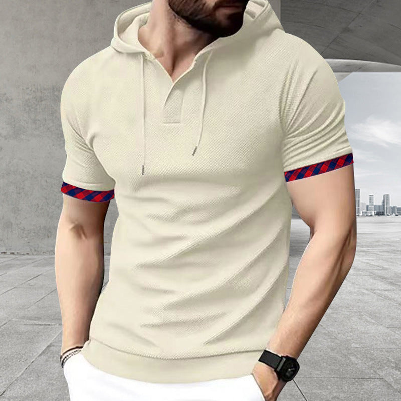 Men's slim fit short sleeve hooded shirt in polo style with Henley neckline and checkered sleeve cuff StylebySassy