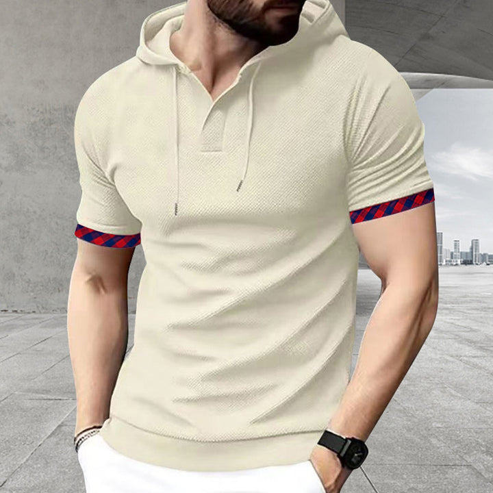 Men's slim fit short sleeve hooded shirt in polo style with Henley neckline and checkered sleeve cuff StylebySassy