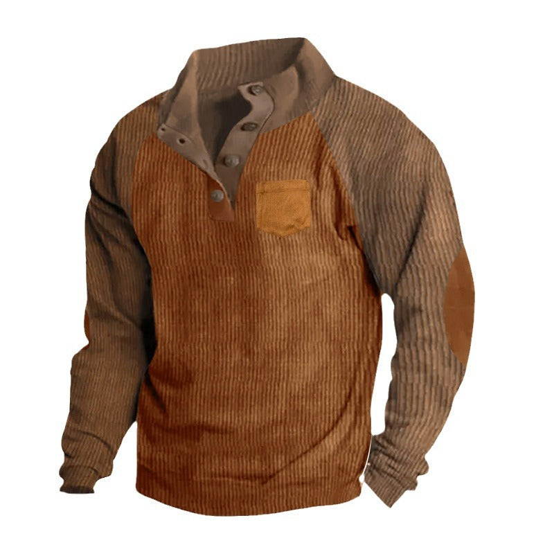 Men's structured half-button knit pullover in cord look with raglan sleeves, front chest pocket, and elbow patches StylebySassy