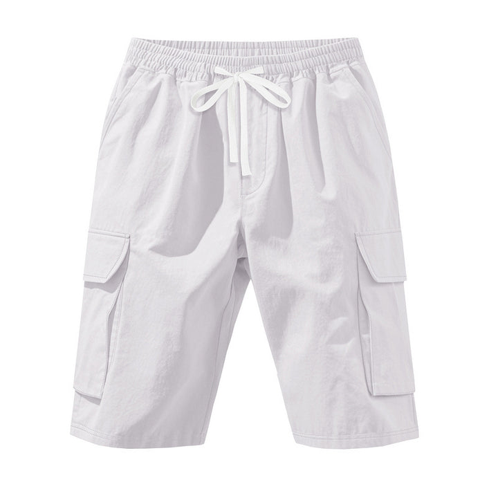 Men's knee-length utility shorts made of lightweight cotton blend with elastic drawstring waistband and patch flap pockets StylebySassy