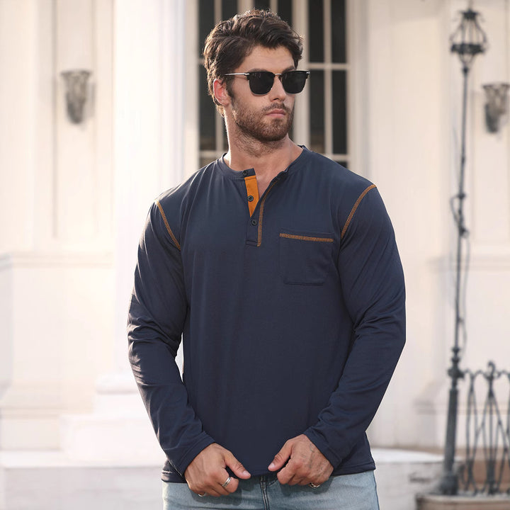 Men's Long Sleeve Shirt with Short Button Placket, Chest Pocket and Contrasting Decorative Stitching StylebySassy