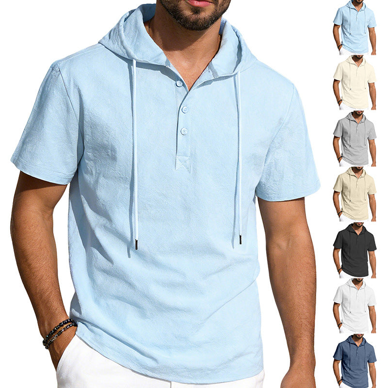 Men's short-sleeved hooded Henley made of slub cotton with concealed button placket and drawstring StylebySassy