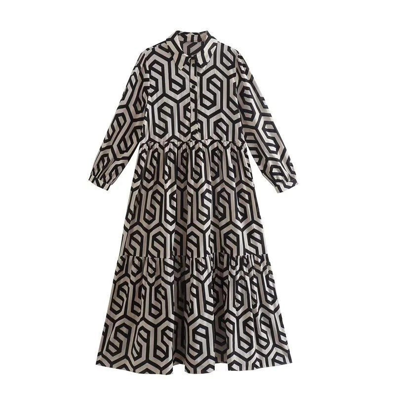 Women's long shirt collar tiered dress with geometric allover print and gathered waist yoke StylebySassy