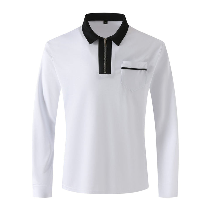 Men's elegant long-sleeve polo shirt with distinctive stand-up collar metal short zip and chest pocket StylebySassy