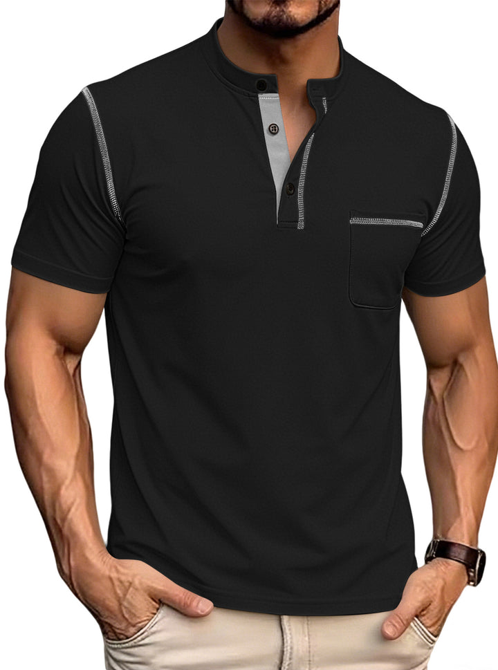Men's short-sleeved Henley shirt with stand-up collar, chest pocket, and contrasting decorative stitching StylebySassy