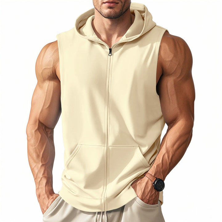Men's muscle-fit training hoodie vest with zipper and kangaroo pocket StylebySassy