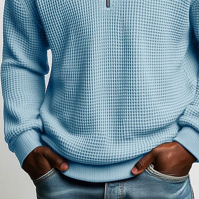Men's structured waffle knit pullover with polo collar and short zipper StylebySassy
