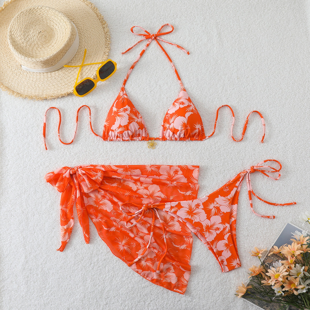 Ladies Triangle Bikini Set with Wrap Skirt and Floral Design StylebySassy