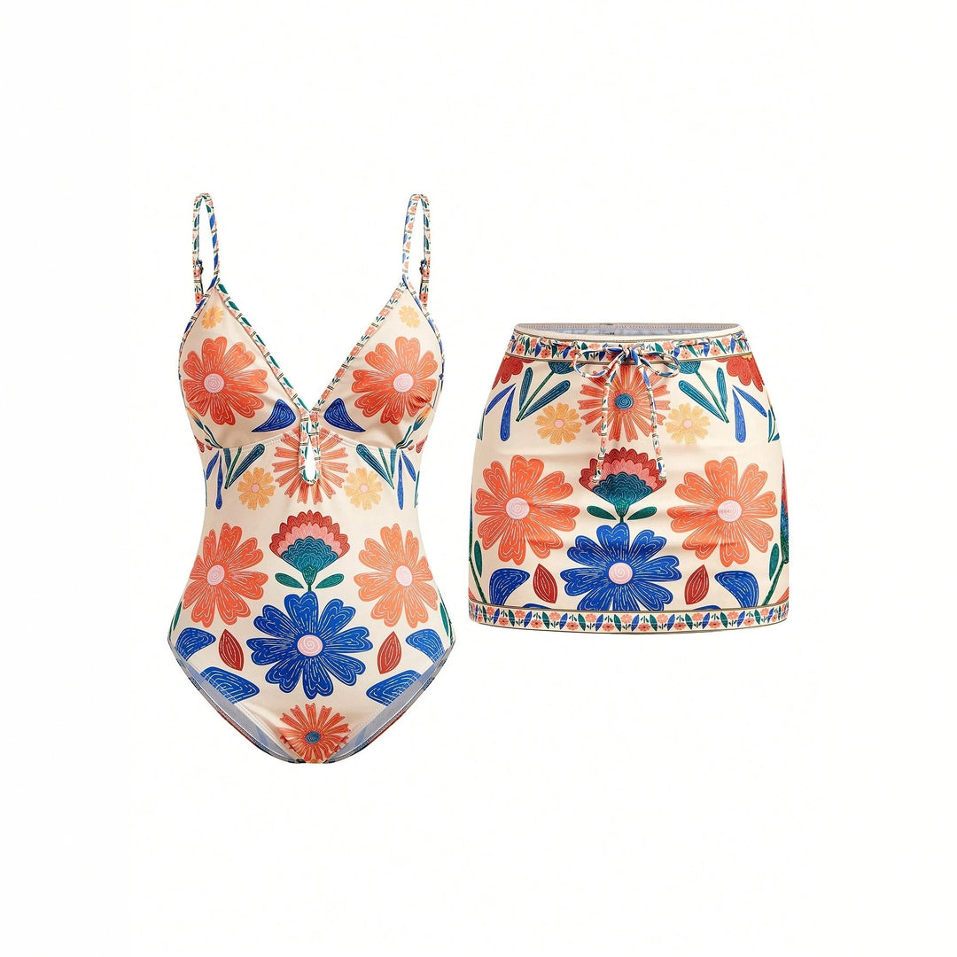 Women's Floral Pattern Swimsuit with Matching Skirt StylebySassy