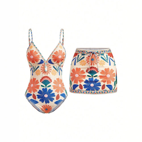 Women's Floral Pattern Swimsuit with Matching Skirt StylebySassy