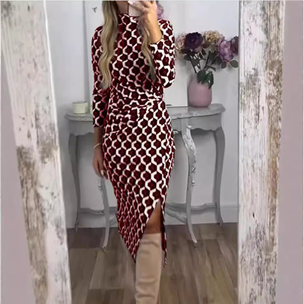 Women's narrow cut midi dress with geometric print, gathered waist and asymmetric slit StylebySassy