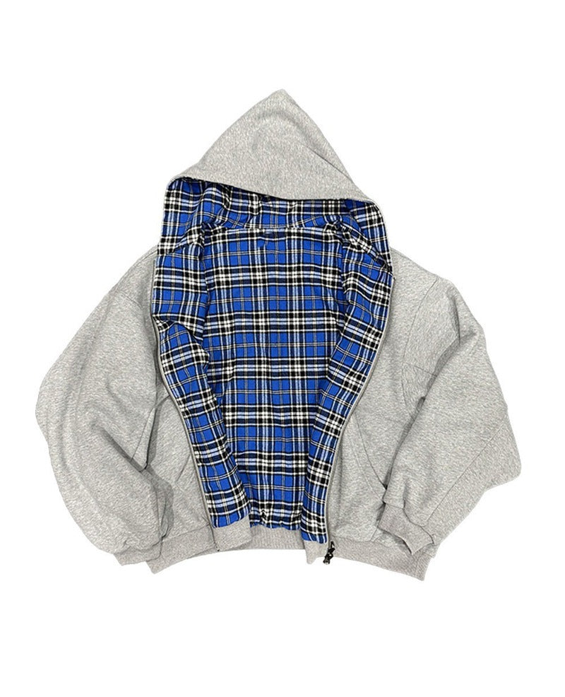 Unisex non-padded hooded jacket with checked flannel lining and zipper StylebySassy