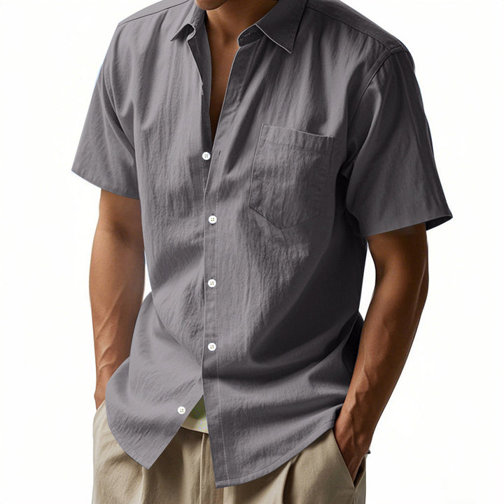 Men's short-sleeved casual shirt made of linen blend with chest pocket and rounded hem StylebySassy