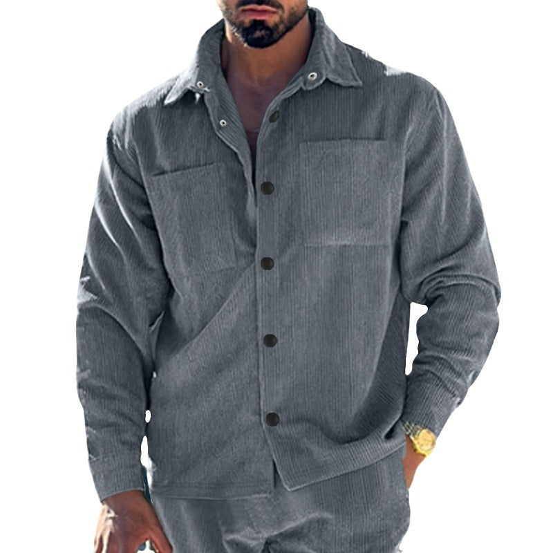 Men's padded corduroy overshirt jacket with visible button placket and chest welt pockets StylebySassy