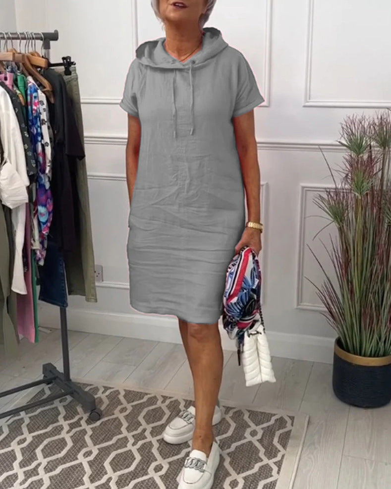 Women's casual hooded midi dress with short sleeves and straight relaxed fit StylebySassy