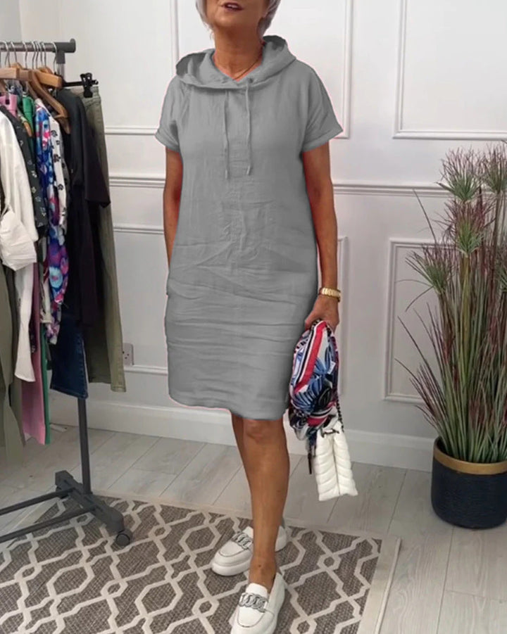 Women's casual hooded midi dress with short sleeves and straight relaxed fit StylebySassy