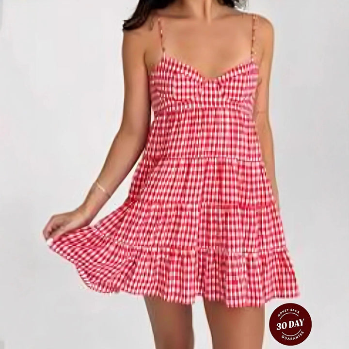 Women's airy checkered strap dress with heart-shaped neckline and tiered ruffle skirt StylebySassy
