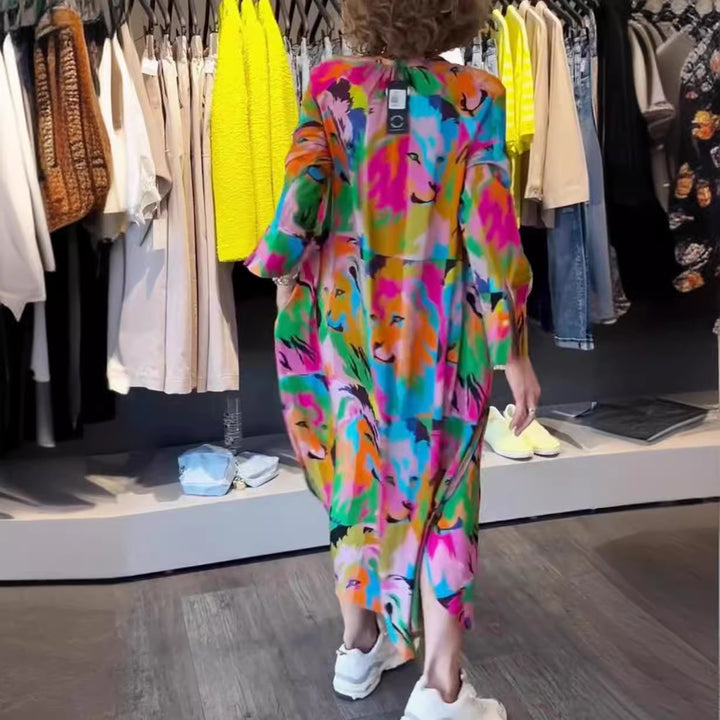 Women's shirt dress maxi dress with pop art lion print, button placket and side pockets StylebySassy