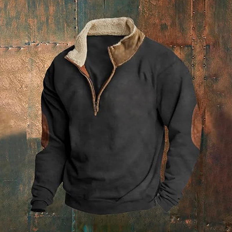 Men Nan Fleece Half-Zip Pullover with Sherpa Collar and Elbow Patches StylebySassy