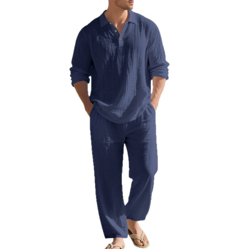Men's lightweight linen ensemble with polo collar and elastic waistband pants StylebySassy