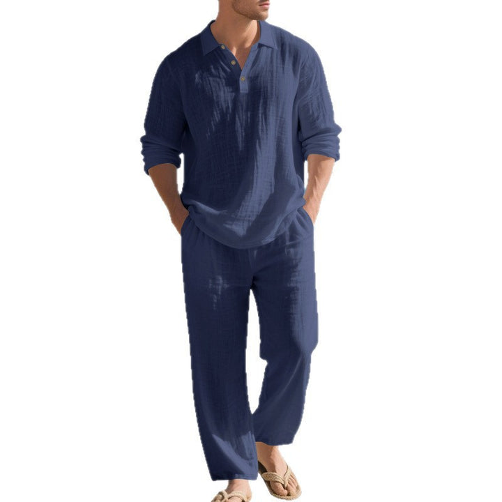 Men's lightweight linen ensemble with polo collar and elastic waistband pants StylebySassy