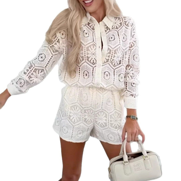 Women's crochet openwork blouse and shorts set with shirt collar and elastic waistband StylebySassy