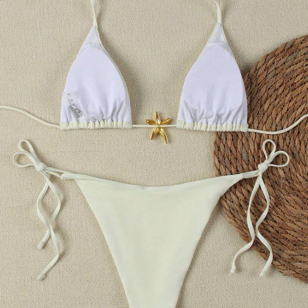 Women's Triangle Bikini Set with Adjustable Straps and Decorative Jewelry Element StylebySassy