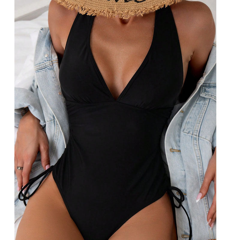 Women’s one-piece swimsuit with deep V-neckline and side lacing StylebySassy