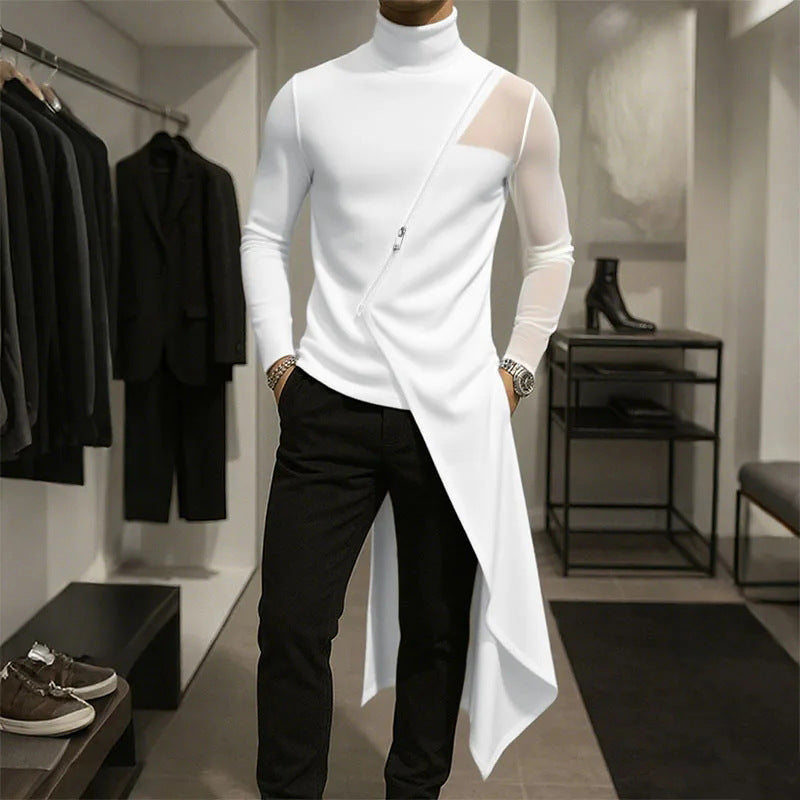 Ladies avant-garde long shirt with diagonal zipper, stand-up collar and irregular pointed hem StylebySassy