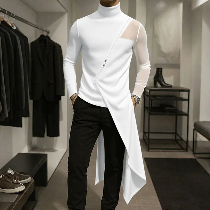 Ladies avant-garde long shirt with diagonal zipper, stand-up collar and irregular pointed hem StylebySassy