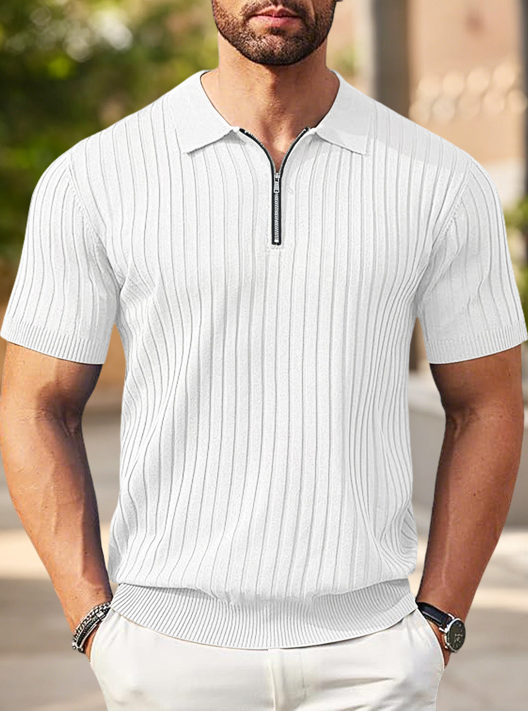 Men's elegant structured short sleeve knit polo with short metal zipper and shirt collar StylebySassy