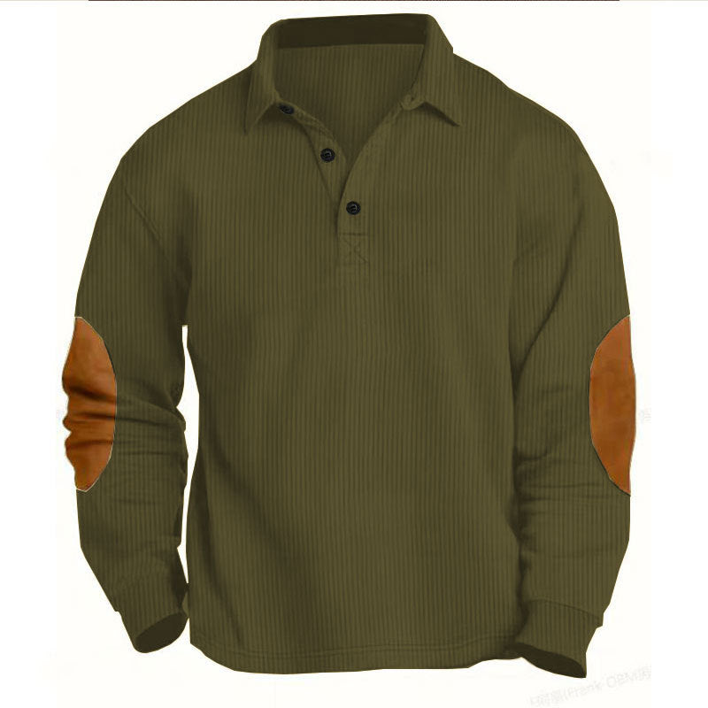 Men's nan legeres long sleeve polo shirt with shirt collar, short button placket, fine texture and velour elbow patches StylebySassy