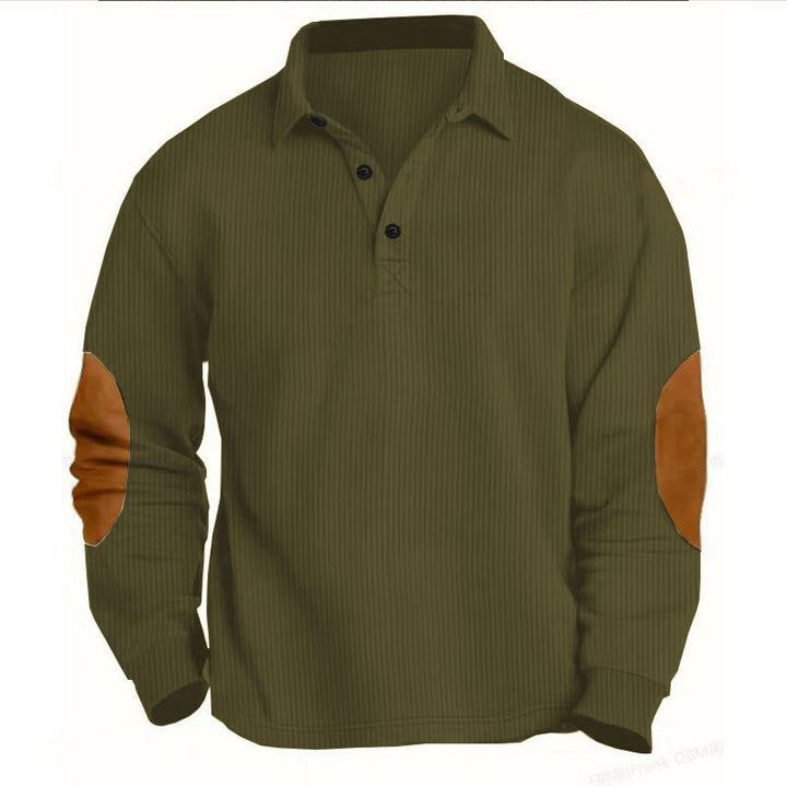 Men's nan legeres long sleeve polo shirt with shirt collar, short button placket, fine texture and velour elbow patches StylebySassy