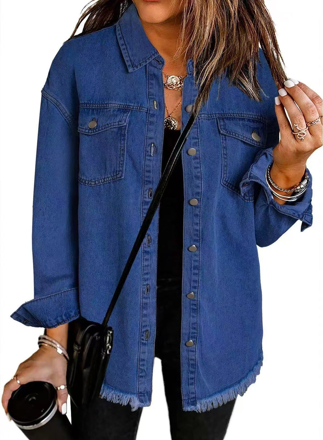 Women's Collared Button Front Jacket with Frayed Hem