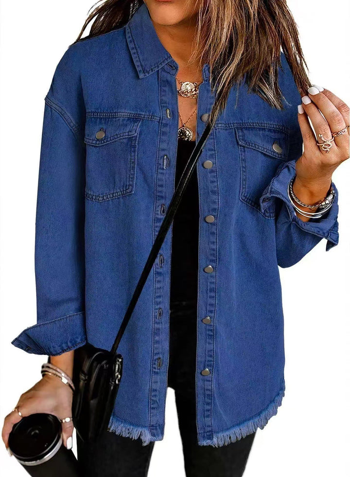 Women's Collared Button Front Jacket with Frayed Hem