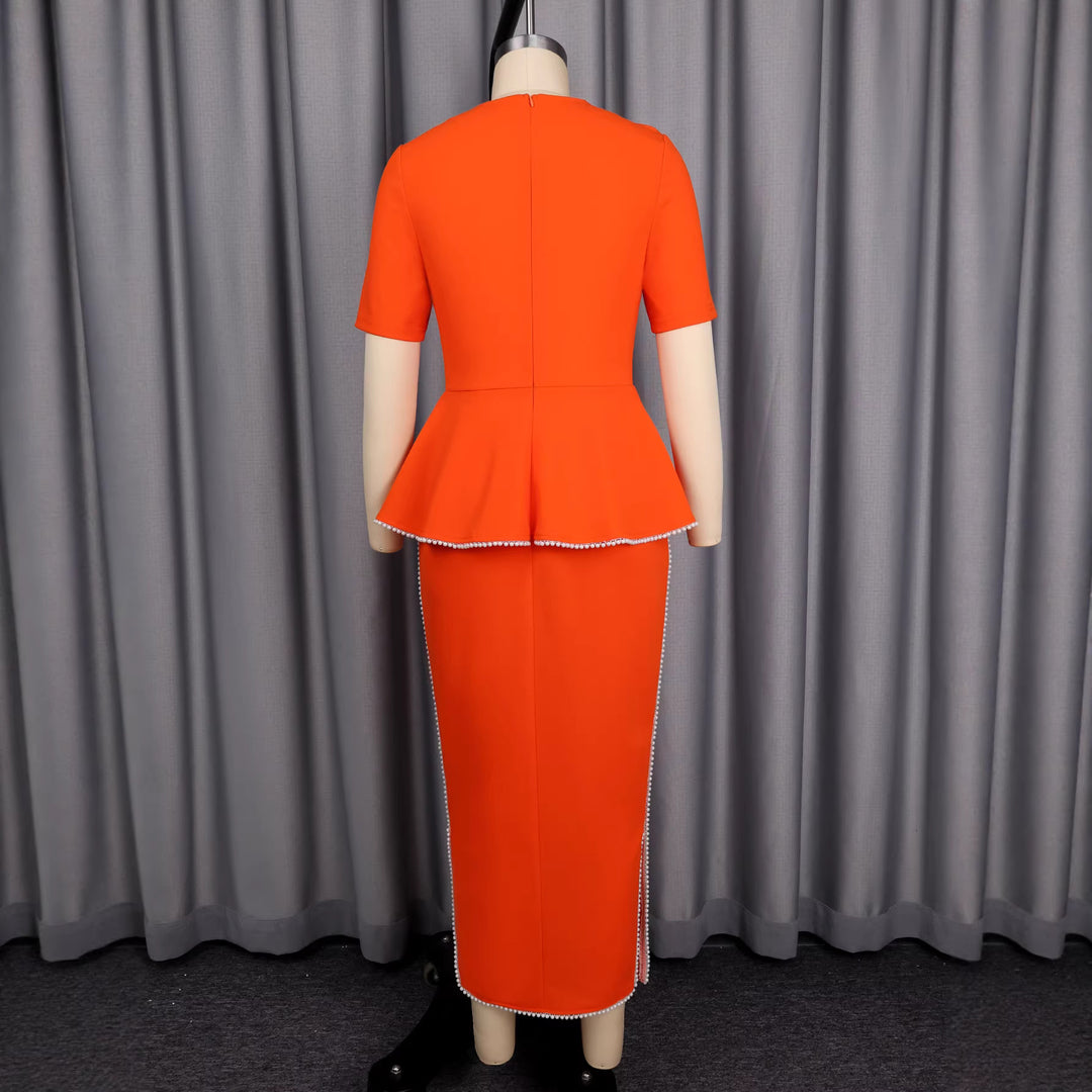 Women's elegant dress with decorative collar and pearl-embellished details StylebySassy
