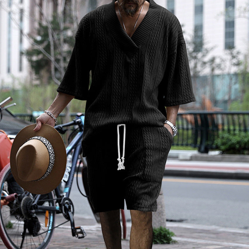 Men's urban braid knit two-piece with deep V-neck, boxy fit and drawstring shorts StylebySassy