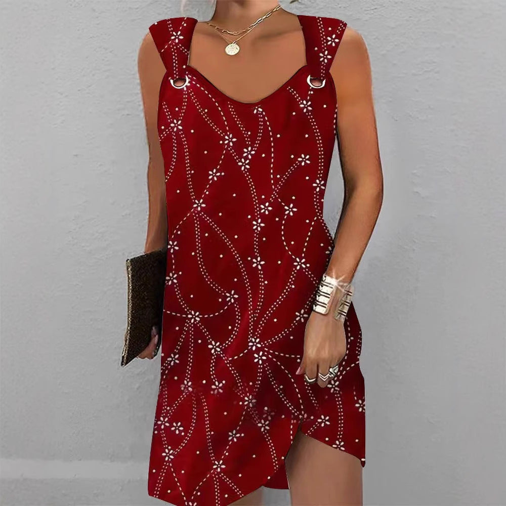 Women's sleeveless strap mini dress with decorative eyelets, floral dot pattern, and asymmetric hem StylebySassy