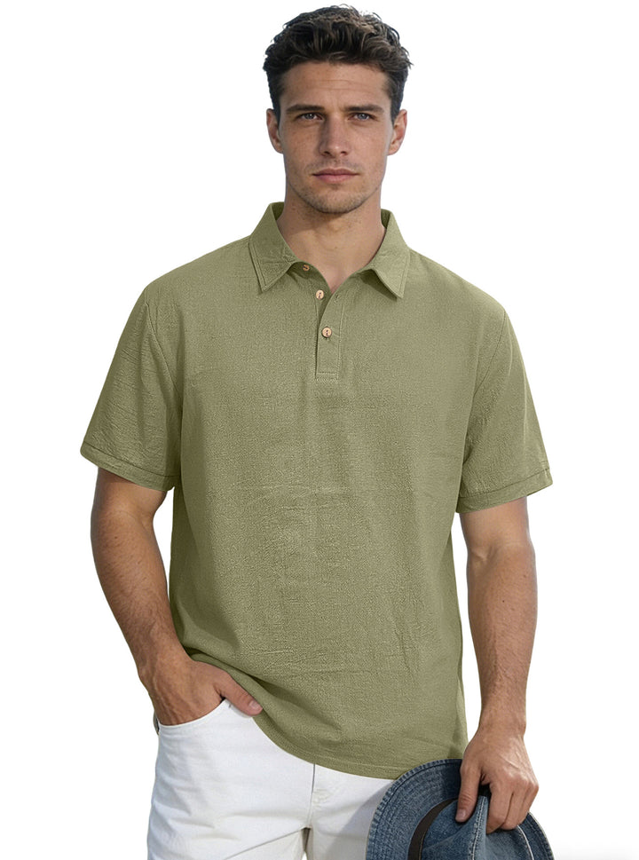 Men's short-sleeve polo with shirt collar, short button placket and structured cotton blend StylebySassy