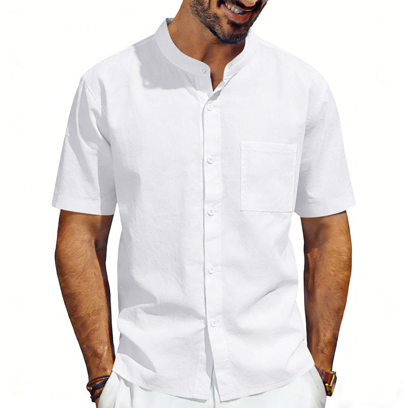Men's short-sleeved linen shirt with stand-up collar and chest pocket StylebySassy