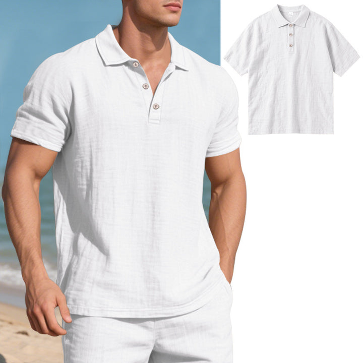 Men's breathable gauze polo shirt with open collar loose fit and button placket StylebySassy
