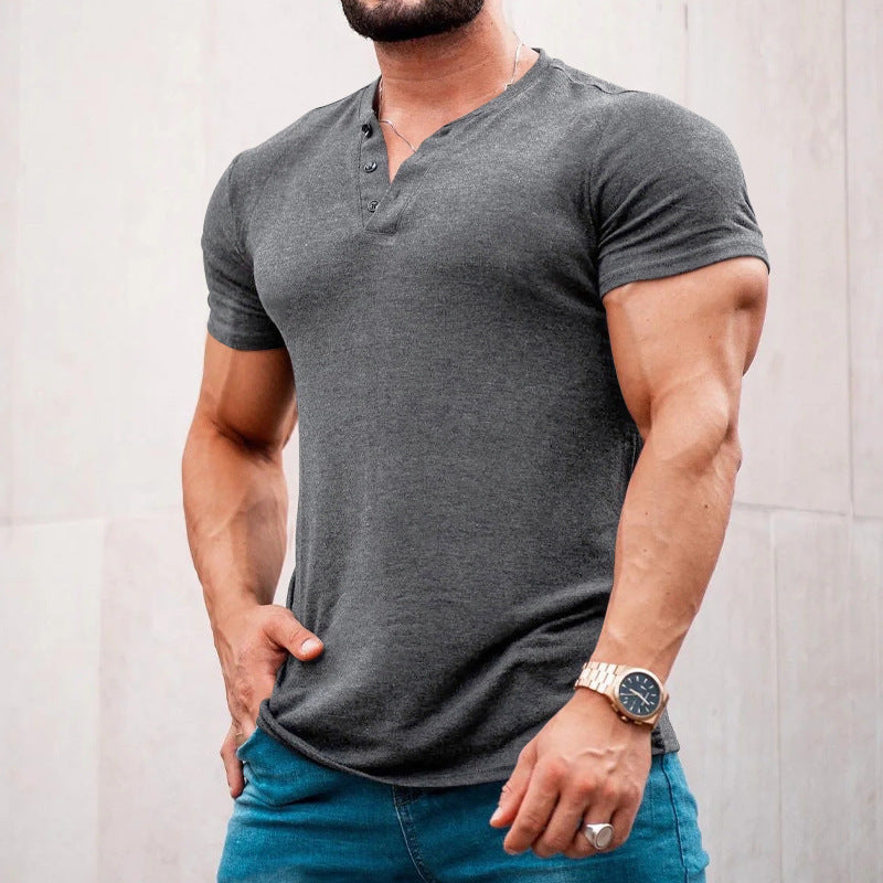 Men's muscle-fitting short-sleeve shirt with button placket and V-neck made of cotton stretch StylebySassy