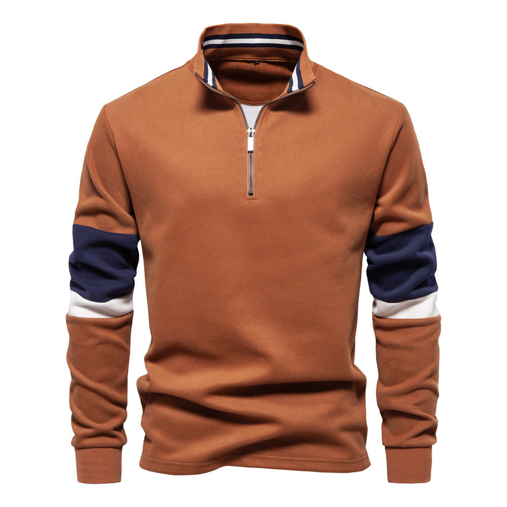 Men's half-zip pullover with stand-up collar, striped collar inner band and contrast sleeves StylebySassy