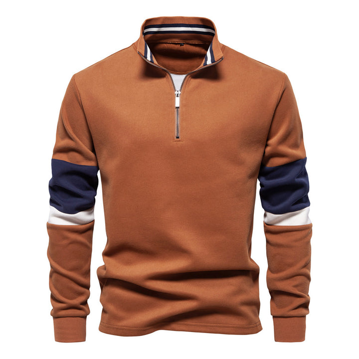 Men's half-zip pullover with stand-up collar, striped collar inner band and contrast sleeves StylebySassy