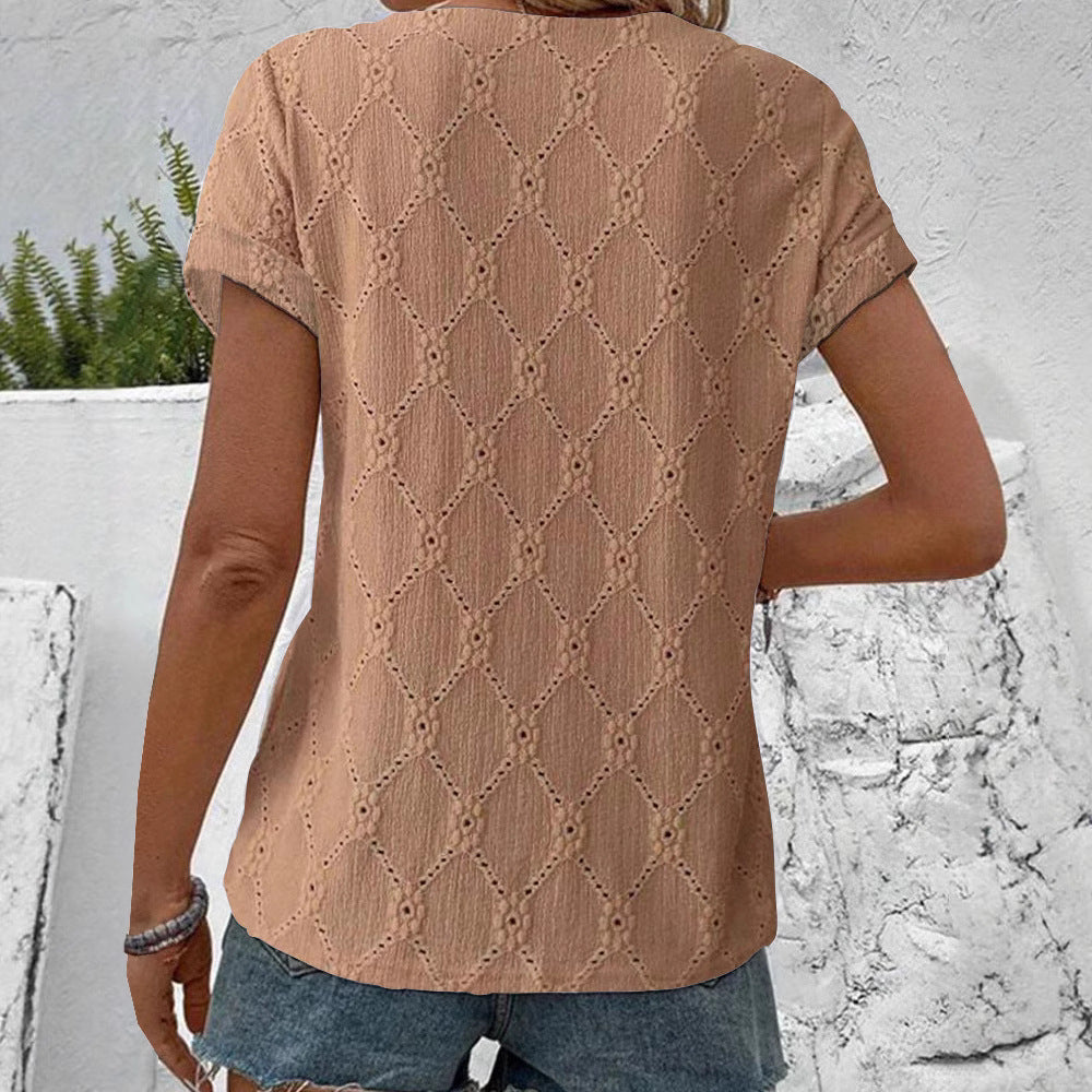 Women's short-sleeved embroidery blouse with V-neck and continuous button placket StylebySassy