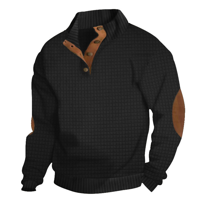 Men's waffle structure troyer with stand-up collar, button placket and nappa leather elbow patches StylebySassy