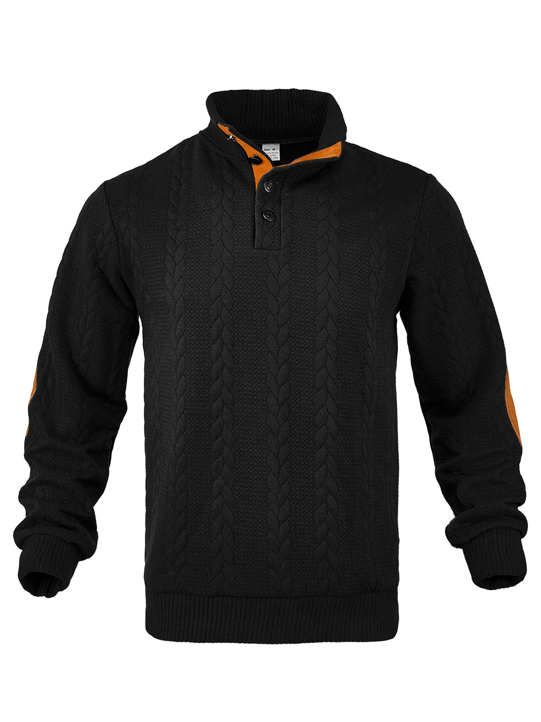 Men's Cable Knit Half Button Sweater with High Stand Collar and Suede Elbow Patches StylebySassy